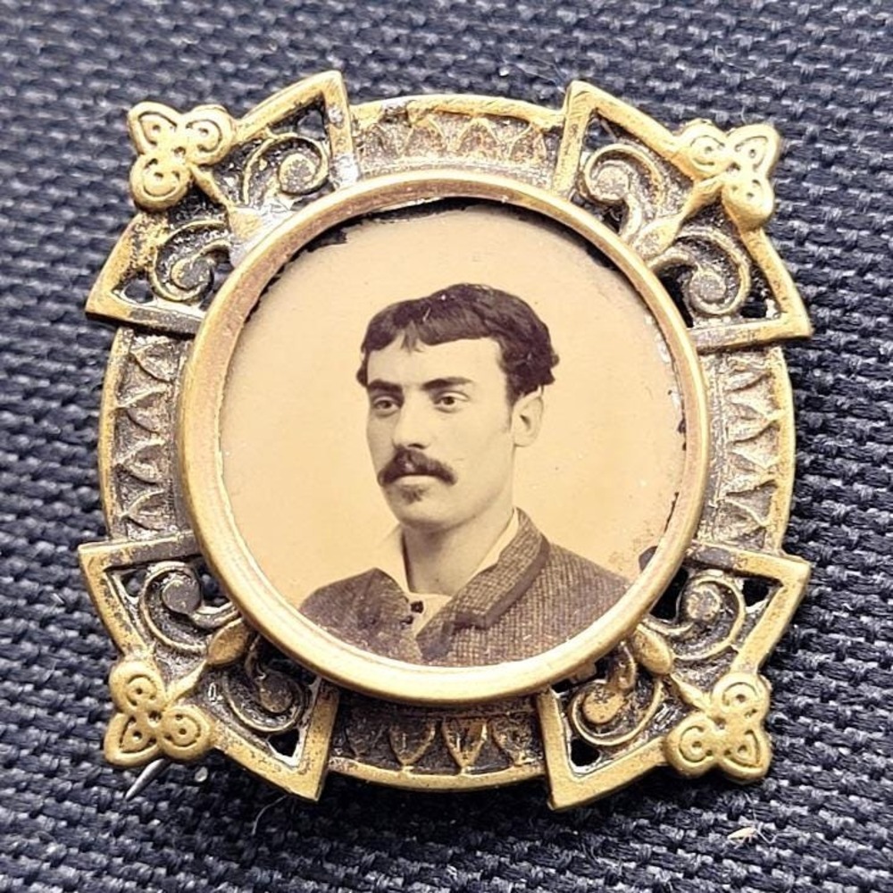 French Antique Victorian 1800s Mori Mourning Mini Portrait Man Brooch Pin Paris